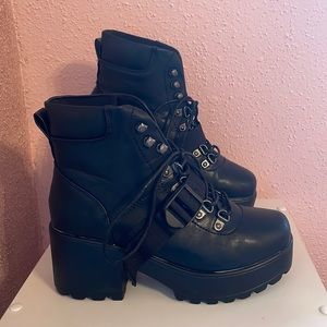Faux Leather Strappy Black Heeled Boots Size 7